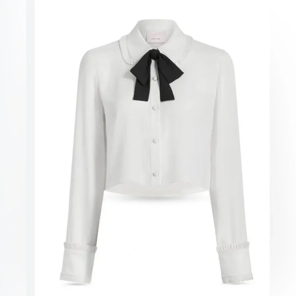 Cinq à Sept Cropped Bow Blouse White Pleated Collar Long Sleeve Size M - Picture 2 of 6